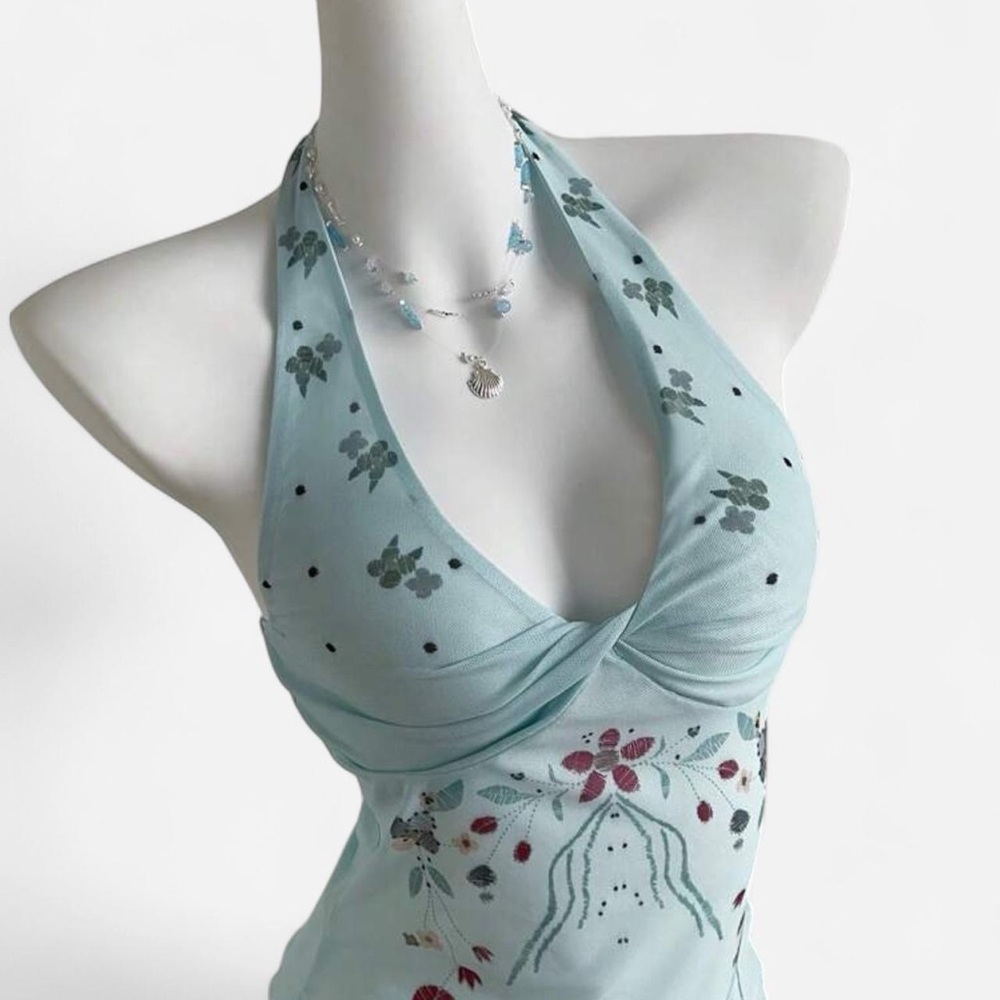 Blue Ruched Graphic Tank Top